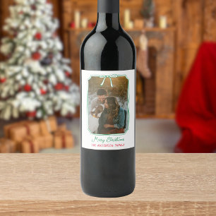 Chic Mistletoe & Bow Custom Family Photo Christmas Wine Label