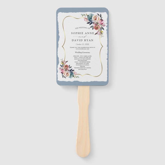 Chic Misty Rose Dusty Blue Floral Wedding Program  Hand Fan (Front)