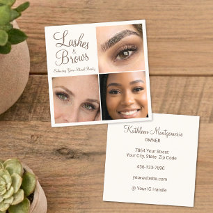Chic Mocha Brown Cream Script 3 Photo Lashes Brows Square Business Card