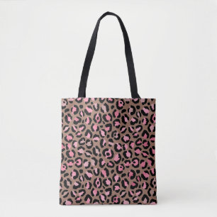 Chic mocha mousse, pink and black Leopard Print Tote Bag