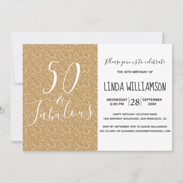Chic Modern 50 Fabulous Gold Glitter 50th Birthday Invitation (Front)