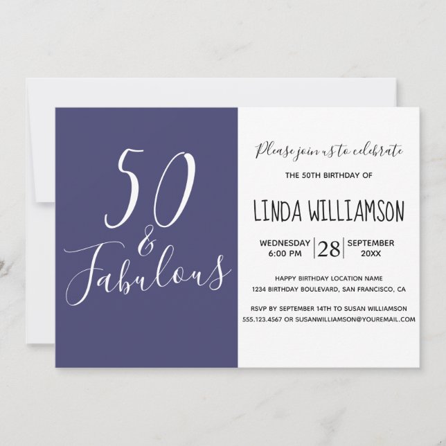 Chic Modern 50 Fabulous Navy Blue 50th Birthday Invitation (Front)