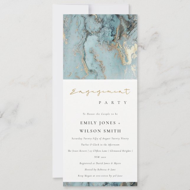 CHIC MODERN AQUA DUSKY BLUE GOLD AGATE ENGAGEMENT INVITATION (Front)