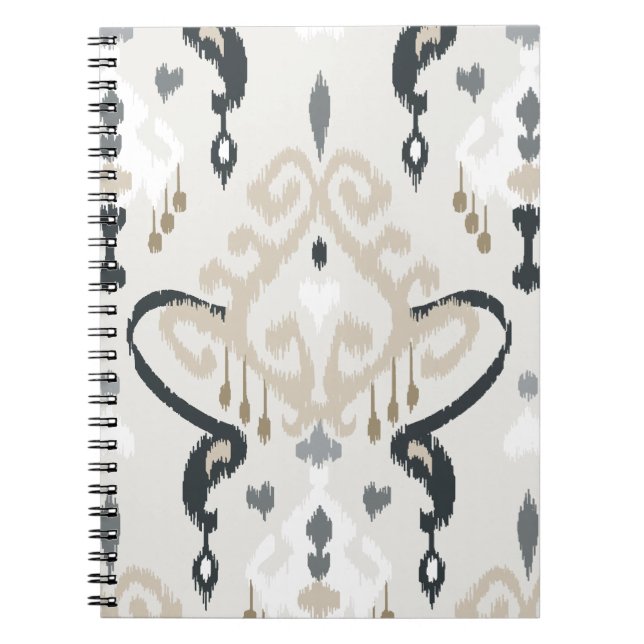 Chic modern beige black white ikat tribal pattern spiral notebook (Front)