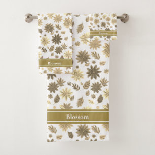 Chic Modern Beige Flowers and Text on White Bath Towel Set