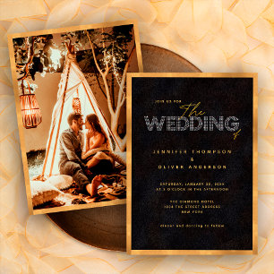 Chic Modern Black and Gold Luxurious Photo Wedding Invitation