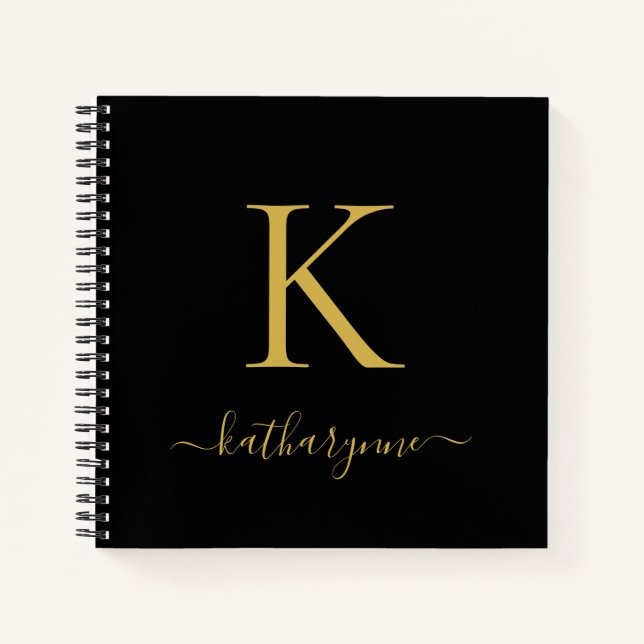 Chic Modern Black Gold Monogram Name Notebook (Front)