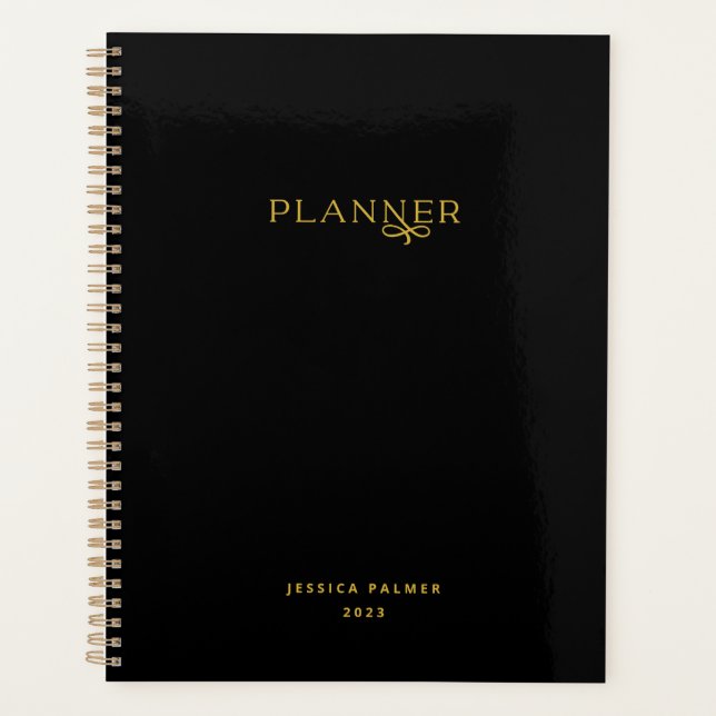 Chic Modern Black Gold Personalised Name Planner (Front)