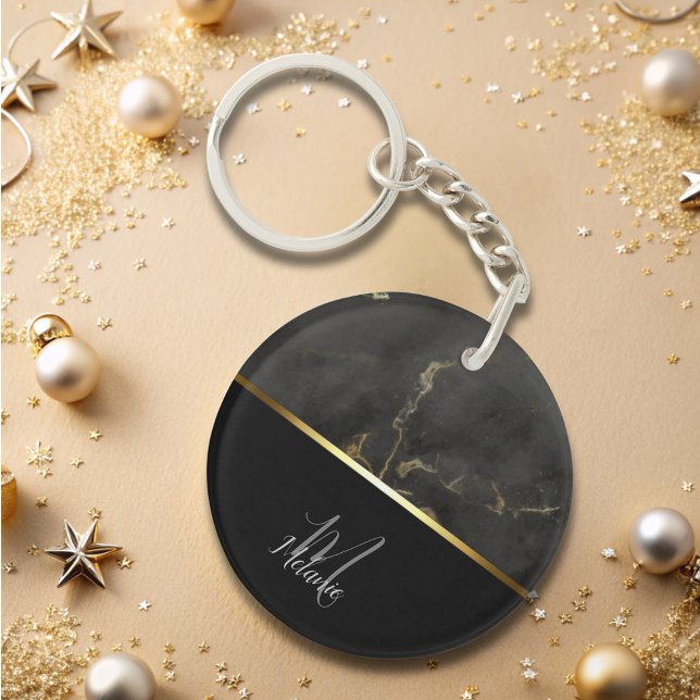 Chic modern Black grey marble gold monogram  Key Ring (Creator Uploaded)