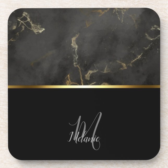 Chic modern Black marble gold monogram Coaster (Front)