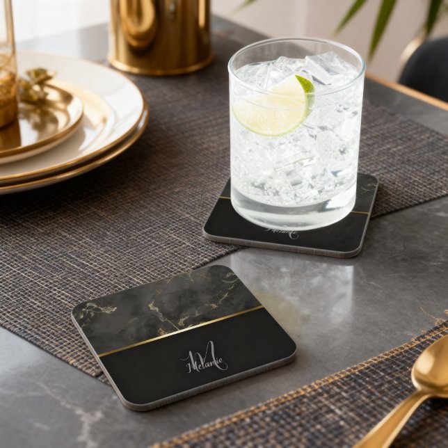 Chic modern Black marble gold monogram Coaster (Creator Uploaded)