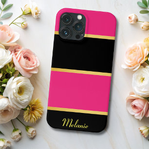 Chic Modern black pink Stripes Pattern with Name iPhone 13 Pro Max Case