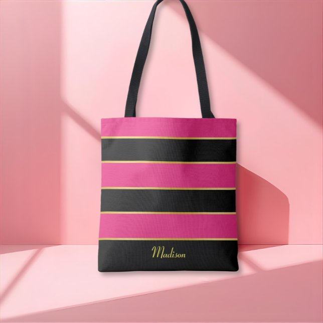 Chic Modern black pink Stripes Pattern with Name  Tote Bag (Creator Uploaded)