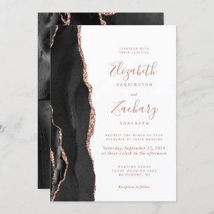 Chic Modern Black Rose Gold Agate Wedding Invitation