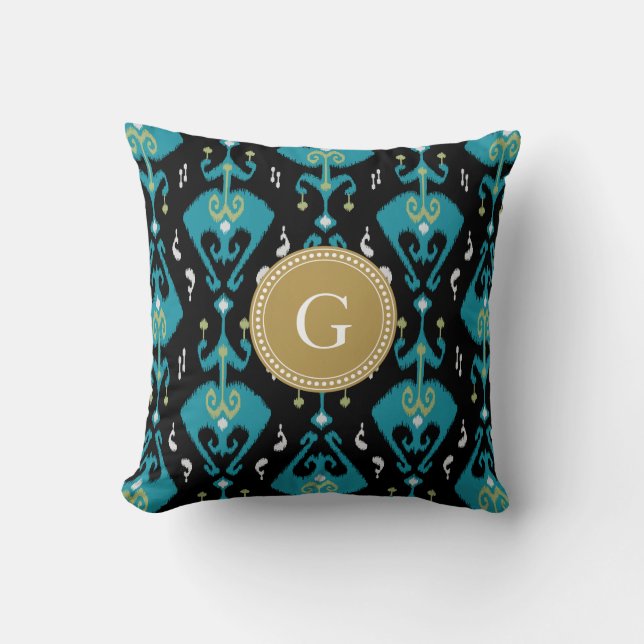 Chic modern blue ikat tribal pattern monogram cushion (Front)