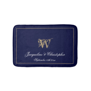 Chic Modern Blue Monogram Names Newlywed Wedding Bath Mat