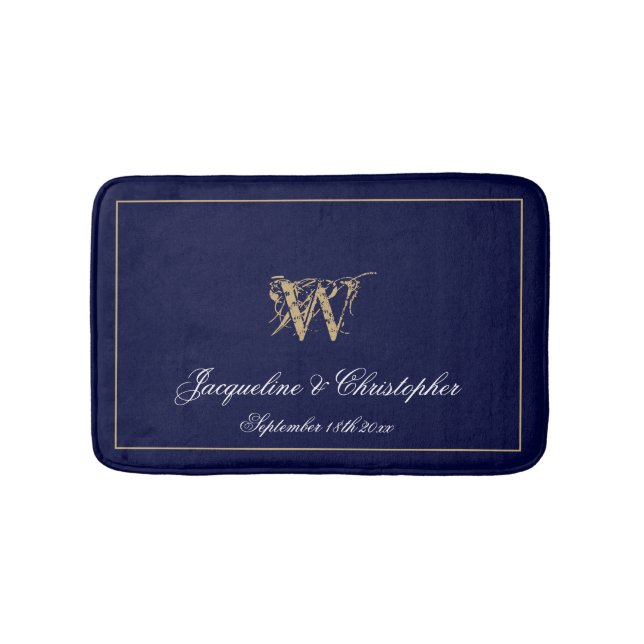 Chic Modern Blue Monogram Names Newlywed Wedding Bath Mat (Front)
