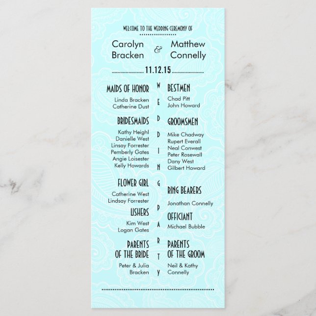 Chic Modern Blue Paisley Wedding Program Programme (Front)