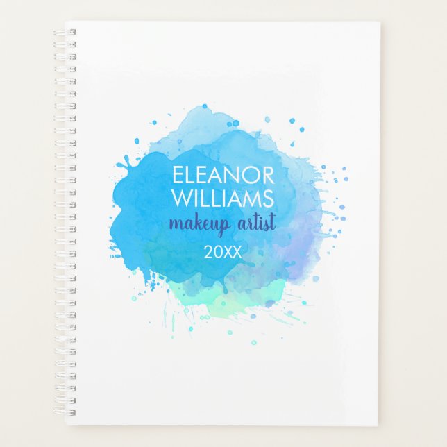 Chic Modern Blue Watercolor Abstract Blot Business Planner (Front)
