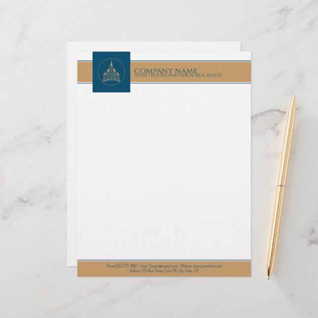 Chic Modern Blue, White, Brown Real Estate Agent  Custom Letterhead (Front/Back In Situ)