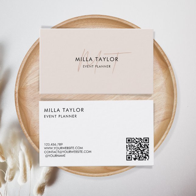 Chic Modern Blush Pink Monogram Feminine QR Code Business Card (Creator Uploaded)