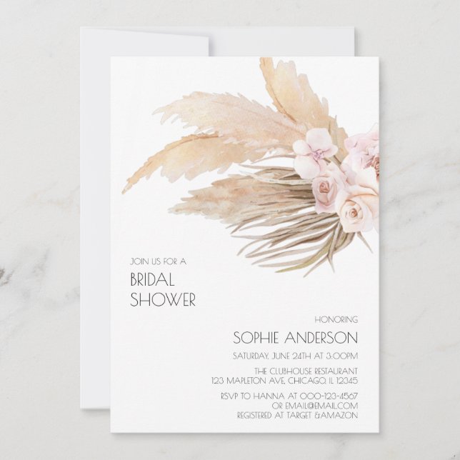 Chic Modern Boho Pampas Grass Bridal Shower Invitation (Front)