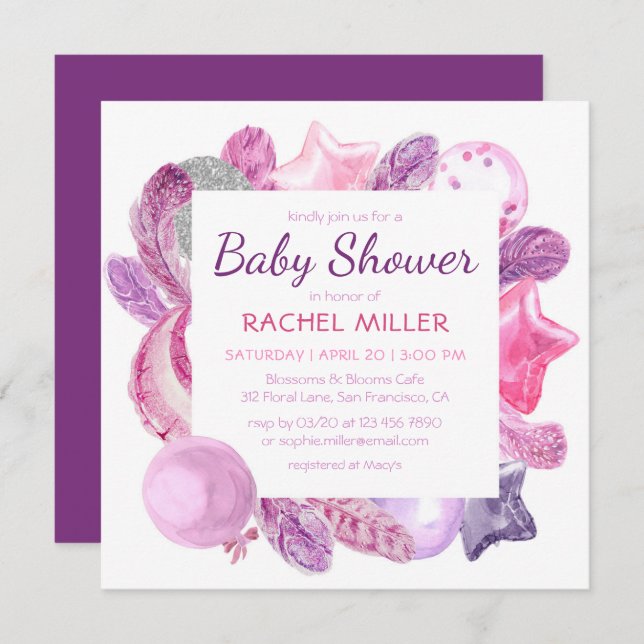 Chic Modern Boho Watercolor Girly Pink Baby Shower Invitation (Front/Back)
