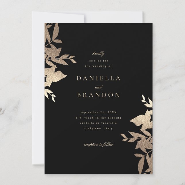 Chic Modern Botanical Faux Gold Black Wedding Invitation (Front)
