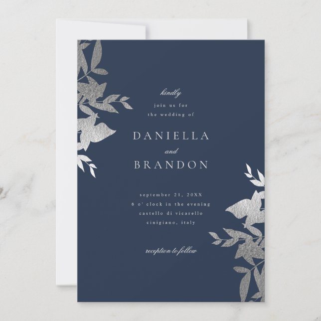 Chic Modern Botanical Faux Silver Navy Wedding Invitation (Front)