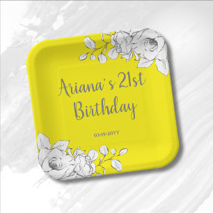 Chic Modern Bright Yellow White Floral Birthday Paper Plate