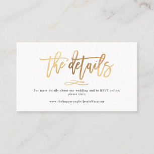 Chic+Modern Brush Script Wedding Details Faux Gold Business Card