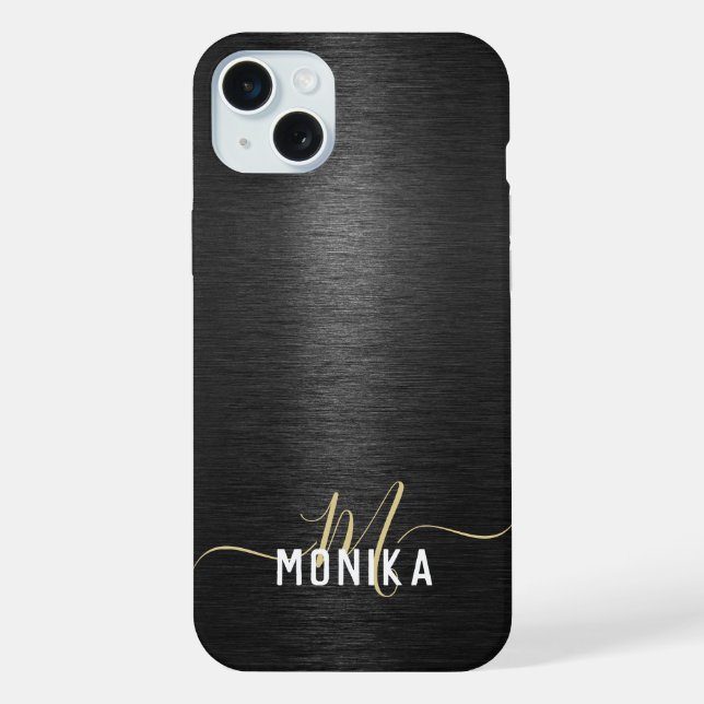 Chic Modern Brushed Metallic Black Gold Monogram iPhone Case (Back)
