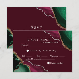  Chic Modern Burgundy & Green Black Agate Wedding RSVP Card