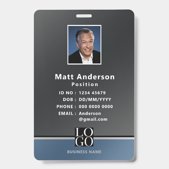 Chic Modern Business ID Black Blue Badge (Front)