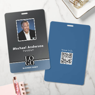 Chic Modern Business Photo Logo Qrcode Black Blue ID Badge
