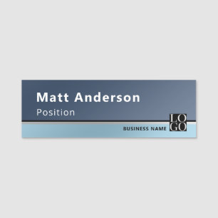Chic Modern Business Photo Logo Qrcode Blue Name Tag