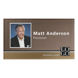 Chic Modern Business Photo Logo Qrcode Brown Name Tag