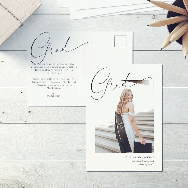 Chic Modern Calligraphy Photo Graduation Announcement Postcard (Creator Uploaded)