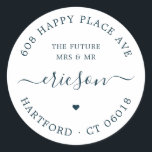 Chic Modern Calligraphy The Future Wedding Address Classic Round Sticker<br><div class="desc">Chic round wedding or engagement return address stickers in deep teal blue featuring the phrase "The Future Mrs and Mr", the couples' return address, the family name in a modern calligraphy typeface with swirls and a small heart symbol. Easily add your name and address, and use this stylish, minimalist round...</div>
