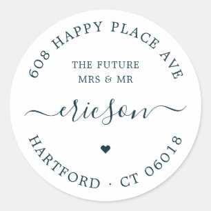 Chic Modern Calligraphy The Future Wedding Address Classic Round Sticker