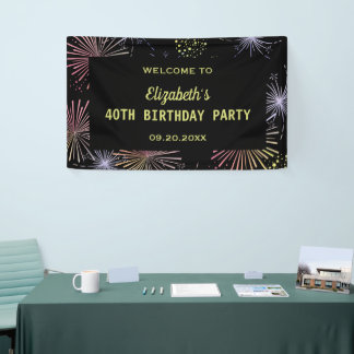 Chic Modern Colourful Fireworks Black Birthday  Banner