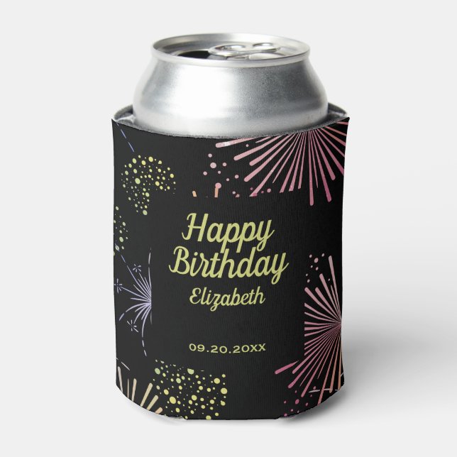 Chic Modern Colourful Fireworks Black Birthday  Can Cooler (Can Front)