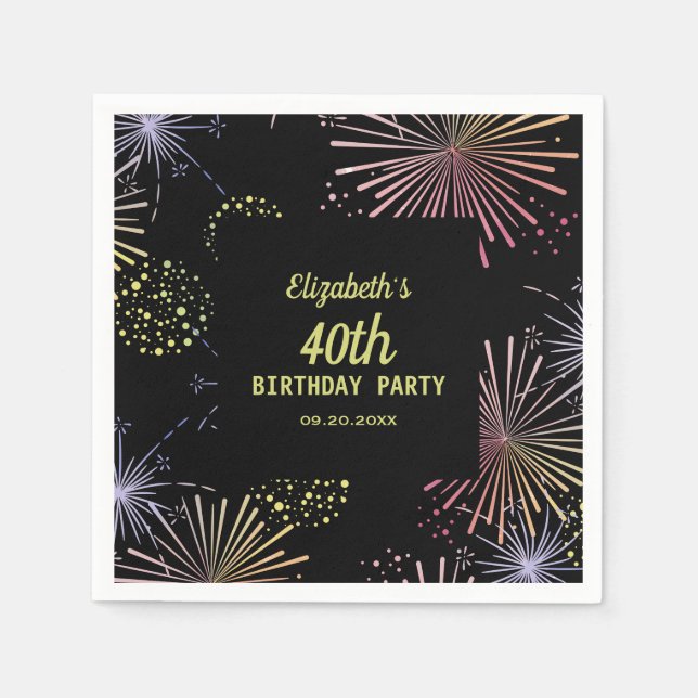 Chic Modern Colourful Fireworks Black Birthday  Napkin (Front)
