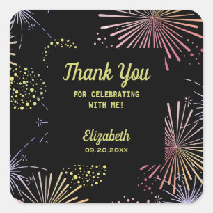 Chic Modern Colourful Fireworks Black Birthday Square Sticker