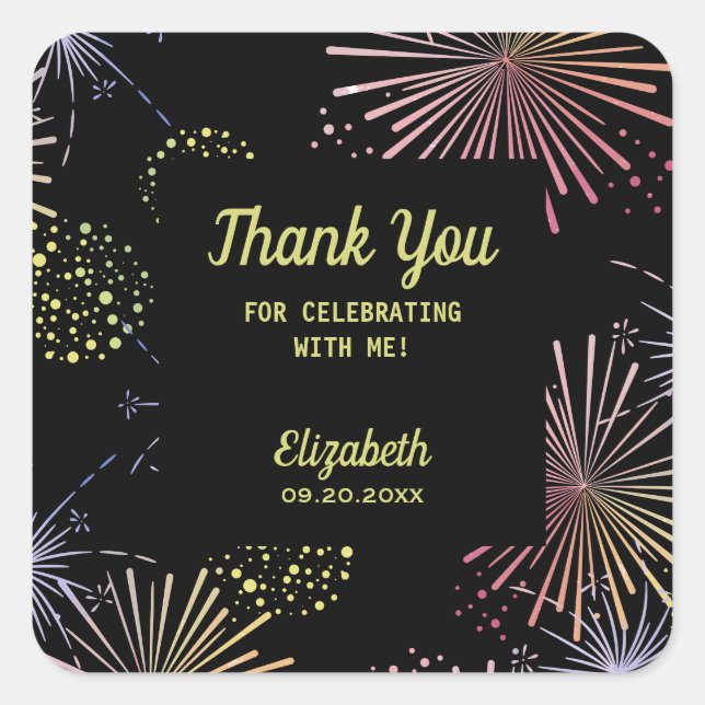 Chic Modern Colourful Fireworks Black Birthday  Square Sticker (Front)