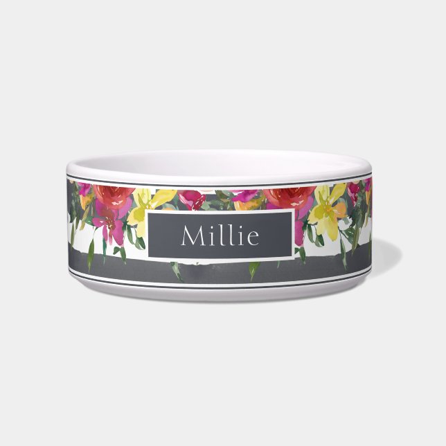 Chic Modern Colourful Watercolor Floral Name Bowl (Front)