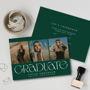 Chic Modern Dark Green 3 Photo Graduation  Announcement