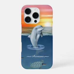 Chic Modern Dolphin, Turtles & Script on the Ocean iPhone 16 Pro Case