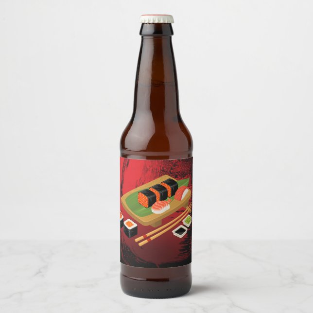 Chic Modern Elegant Black & Red Sushi Beer Bottle Label (Front)