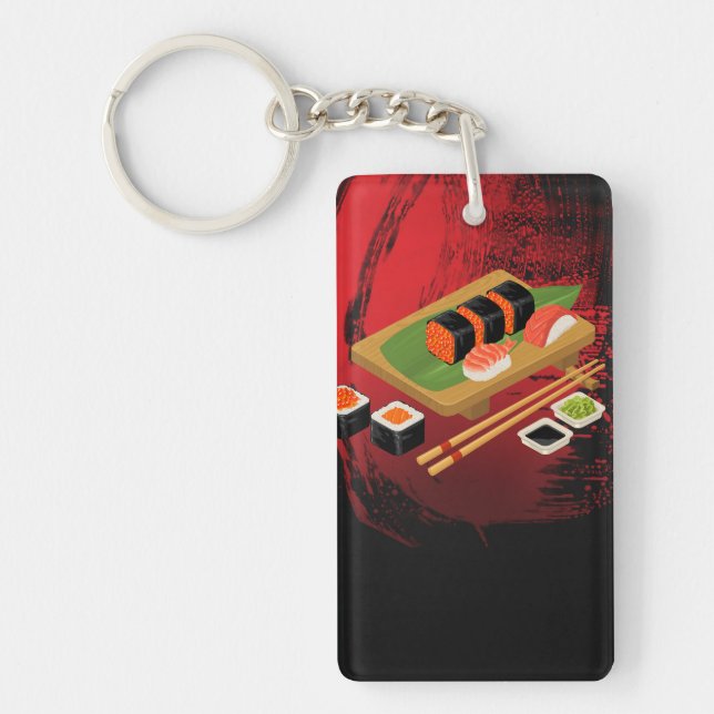 Chic Modern Elegant Black & Red Sushi Key Ring (Front)